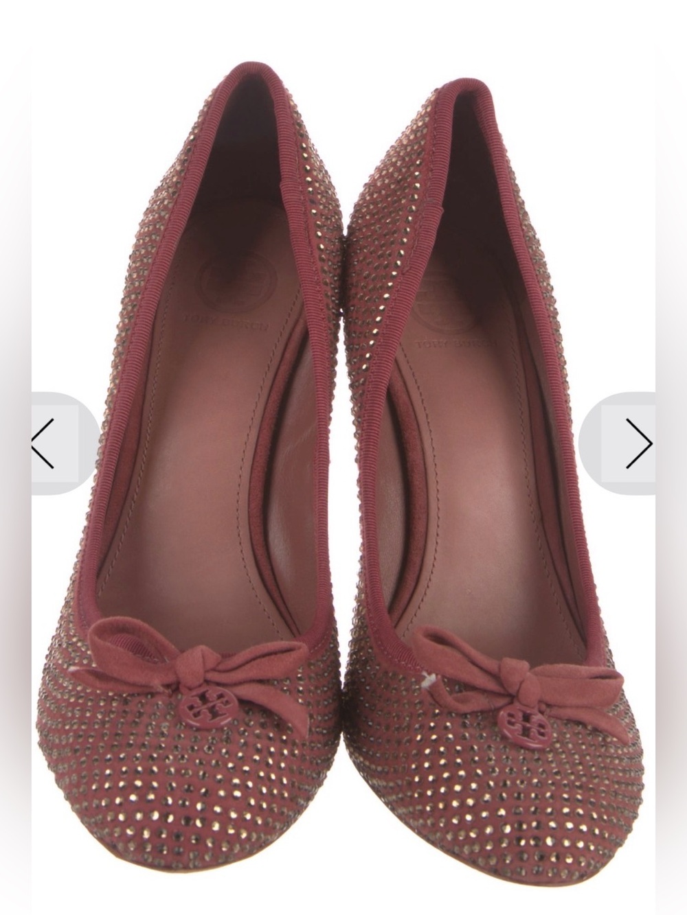 Tory Burch Burgundy Round Toe Crystal & Bow Four Inch High Heel Pumps - Size 8.5 - Picture 3 of 11